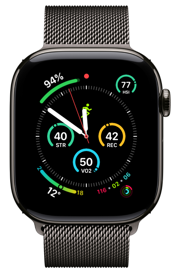 Kreev Healthspan, Strain, Recovery and VO2 Max complications on an Infograph watch face