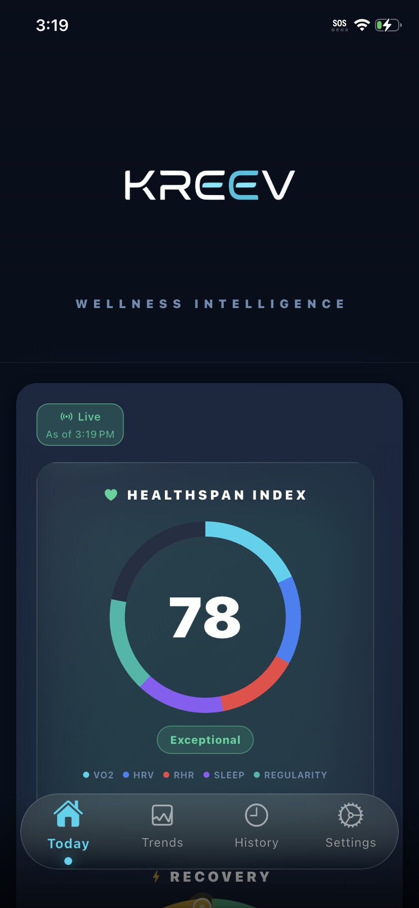 Kreev app — Healthspan Index ring with its five components