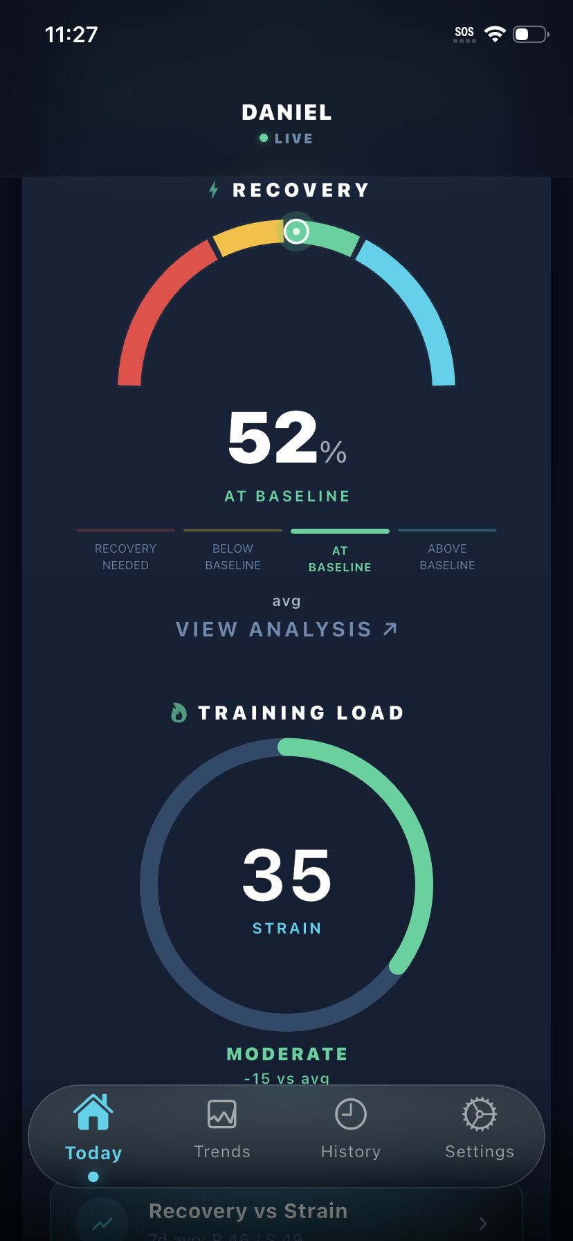 Kreev app — Recovery Score of 52, at baseline, with Strain
